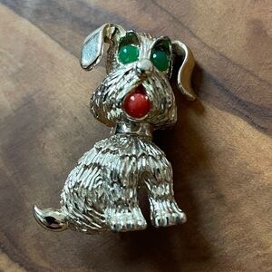 Sarah Coventry Dog Brooch with Green and Red Accents